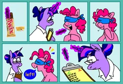 Size: 1316x900 | Tagged: safe, artist:msponies, derpibooru import, pinkie pie, twilight sparkle, earth pony, pony, unicorn, alternate hairstyle, blindfold, candy, clipboard, clothes, comic, confused, crumbs, dialogue, duo, duo female, eating, eye bulging, female, food, glasses, image, jpeg, lab coat, levitation, magic, mare, open mouth, open smile, pen, smiling, speech bubble, taste test, telekinesis, twix, unicorn twilight