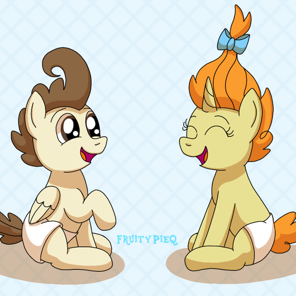 Size: 1000x1000 | Tagged: safe, artist:fruiitypieq, artist:shycookieq, derpibooru import, pound cake, pumpkin cake, pegasus, pony, unicorn, baby, baby pony, bow, brother and sister, cake twins, colt, cute, diaper, duo, female, filly, foal, hair bow, image, male, open mouth, open smile, png, poundabetes, pumpkinbetes, siblings, smiling, twins