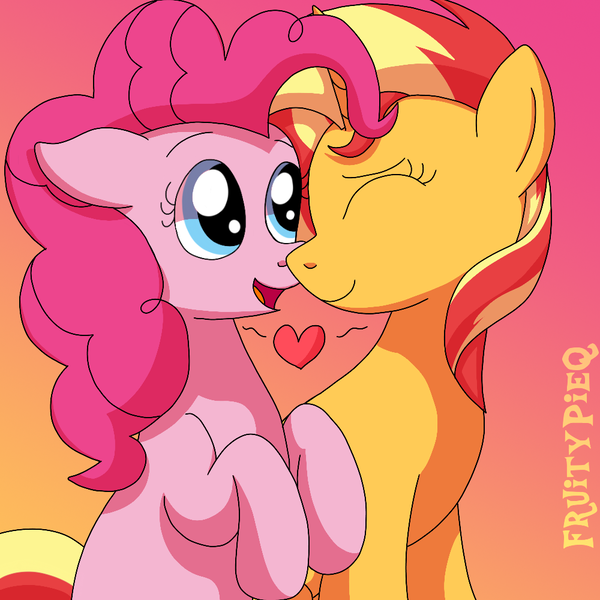 Size: 1000x1000 | Tagged: safe, artist:fruiitypieq, artist:shycookieq, derpibooru import, pinkie pie, sunset shimmer, earth pony, pony, unicorn, duo, eyes closed, female, gradient background, heart, image, lesbian, png, shipping, sunsetpie