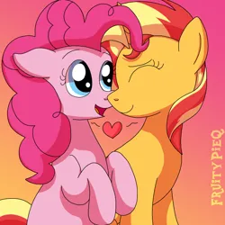 Size: 1000x1000 | Tagged: safe, artist:fruiitypieq, artist:shycookieq, derpibooru import, pinkie pie, sunset shimmer, earth pony, pony, unicorn, duo, eyes closed, female, gradient background, heart, image, lesbian, png, shipping, sunsetpie