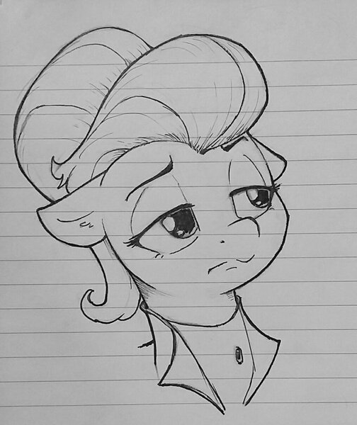 Size: 861x1024 | Tagged: safe, artist:whiskeypanda, derpibooru import, fluttershy, pegasus, pony, fake it 'til you make it, alternate hairstyle, bust, clothes, doodle, image, ink drawing, jpeg, lined paper, pen drawing, severeshy, traditional art, unimpressed