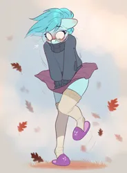 Size: 1237x1680 | Tagged: safe, artist:rexyseven, derpibooru import, oc, oc:whispy slippers, unofficial characters only, anthro, blushing, clothes, glasses, image, leaves, png, slippers, socks, solo, sweater, thigh highs, turtleneck