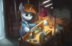 Size: 3963x2524 | Tagged: safe, artist:gouransion, derpibooru import, oc, oc:littlepip, unofficial characters only, pony, unicorn, fallout equestria, ammunition, clothes, female, glue, gun, hammer, image, lamp, mare, png, screwdriver, shotgun, shotgun shell, solo, tools, weapon, workbench, wrench