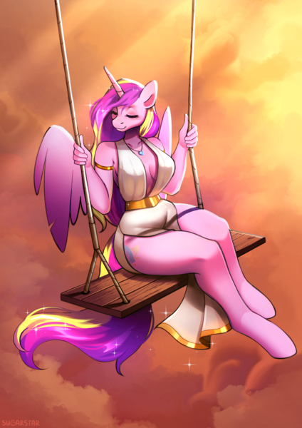 Size: 3508x4961 | Tagged: safe, artist:sugarstar, derpibooru import, princess cadance, alicorn, anthro, unguligrade anthro, clothes, dress, eyes closed, female, horn, image, png, sitting, sky, smiling, solo, sparkles, swing, wings