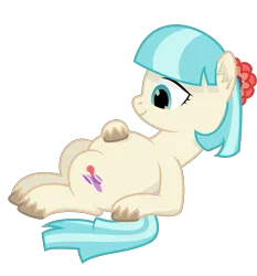 Size: 2433x2616 | Tagged: safe, artist:mrkm, derpibooru import, coco pommel, earth pony, pony, belly, coco preggo, ear fluff, hoof on belly, image, looking at belly, lying down, on back, png, pregnant, simple background, smiling, solo, transparent background, unshorn fetlocks