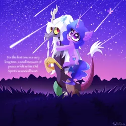 Size: 2048x2048 | Tagged: safe, derpibooru import, discord, izzy moonbow, butterfly, draconequus, insect, pony, unicorn, spoiler:g5comic, duo, duo male and female, female, g5, grass, high res, image, male, mare, meteor shower, mountain, night, old man discord, open mouth, open smile, png, smiling, stars
