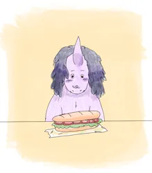 Size: 700x800 | Tagged: safe, artist:mdq, derpibooru import, oc, unofficial characters only, pony, unicorn, food, image, looking down, male, no ears, png, sandwich, solo, squint, stallion, submarine sandwich, sweat