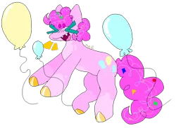 Size: 2048x1502 | Tagged: safe, artist:mdq, derpibooru import, pinkie pie, earth pony, pony, balloon, coat markings, eyes closed, fangs, female, hooves, image, mare, open mouth, open smile, png, simple background, smiling, socks (coat marking), transparent background