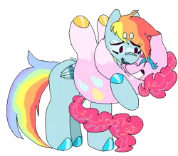 Size: 1808x1588 | Tagged: safe, artist:mdq, derpibooru import, pinkie pie, rainbow dash, earth pony, pegasus, pony, beanbrows, coat markings, duo, eyebrows, eyes closed, female, folded wings, grin, holding a pony, hooves, image, lesbian, mare, pinkiedash, png, redraw, shipping, simple background, smiling, socks (coat marking), tail, transparent background, wings