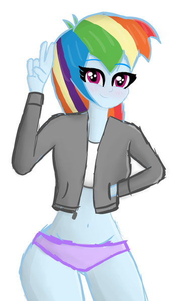 Size: 1045x1772 | Tagged: suggestive, artist:malleymall, derpibooru import, rainbow dash, human, equestria girls, belly button, blushing, clothes, cute, dashabetes, female, image, jacket, looking at you, panties, peace sign, png, simple background, smiling, solo, underwear, white background