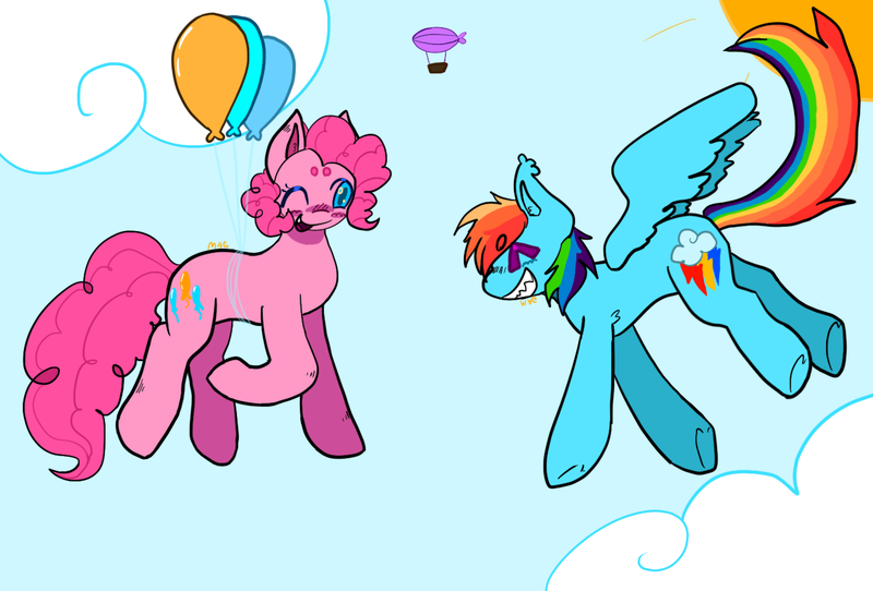 Size: 1342x910 | Tagged: safe, artist:mdq, derpibooru import, pinkie pie, rainbow dash, earth pony, pegasus, pony, airship, balloon, blushing, cloud, duo, duo female, eyes closed, female, floating, flying, g4, grin, image, mare, one eye closed, open mouth, open smile, png, requested art, sharp teeth, sky, smiling, spread wings, sun, teeth, then watch her balloons lift her up to the sky, underhoof, wings, zeppelin