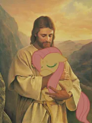 Size: 1219x1631 | Tagged: safe, artist:mdq, derpibooru import, edit, fluttershy, human, pegasus, pony, beanbrows, blushing, clothes, duo, duo male and female, eyebrows, eyes closed, female, floppy ears, folded wings, holding a pony, image, jesus christ, male, mare, outdoors, png, religion, wings