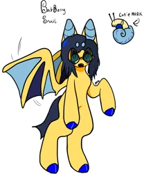 Size: 911x1096 | Tagged: safe, artist:mdq, derpibooru import, oc, oc:batberry snail, unofficial characters only, bat pony, original species, pony, snail, snail pony, bat ears, colored hooves, cutie mark, fire, glasses, image, open mouth, png, reference sheet, simple background, solo, spread wings, white background, wings