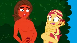 Size: 2708x1516 | Tagged: suggestive, artist:robertsonskywa1, derpibooru import, sunset shimmer, equestria girls, adam and eve, bush, covering, covering breasts, covering crotch, crossover, crossover shipping, duo, embarrassed, embarrassed nude exposure, female, forbidden fruit, garden of eden, genesis, image, jpeg, male, nudity, photo, rodimus, shipping, shrunken pupils, transformers