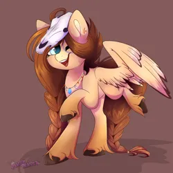 Size: 2048x2048 | Tagged: safe, artist:plushtrapez, derpibooru import, oc, oc:ondrea, unofficial characters only, pegasus, pony, braid, braided tail, brown background, female, image, mare, one eye closed, pegasus oc, png, raised hoof, simple background, skull, solo, tail, unshorn fetlocks, wings, wink