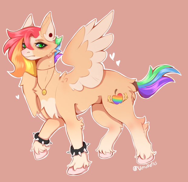 Size: 1776x1720 | Tagged: safe, artist:venobatss, derpibooru import, oc, unofficial characters only, pegasus, pony, bracelet, colored wings, ear piercing, image, jewelry, magical lesbian spawn, multicolored hair, necklace, offspring, parent:applejack, parent:rainbow dash, parents:appledash, pegasus oc, piercing, png, rainbow hair, raised hoof, solo, spiked wristband, two toned wings, unshorn fetlocks, wings, wristband