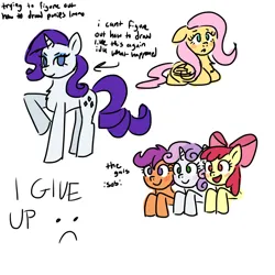 Size: 1000x1000 | Tagged: safe, artist:memethyst-art, derpibooru import, apple bloom, fluttershy, rarity, scootaloo, sweetie belle, earth pony, pegasus, pony, unicorn, apple bloom's bow, bow, cutie mark crusaders, female, filly, foal, hair bow, image, jpeg, lying down, mare, ponyloaf, prone, simple background, text, white background