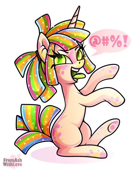 Size: 1991x2560 | Tagged: safe, artist:loverashley, derpibooru import, oc, oc:sour candy, unofficial characters only, pony, unicorn, censored vulgarity, ethereal mane, female, grawlixes, horn, image, jpeg, mare, rearing, simple background, solo, starry mane, unicorn oc, white background