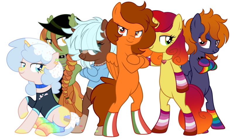 Size: 5350x3192 | Tagged: safe, artist:ayamiiii, artist:emperor-anri, derpibooru import, oc, oc:charred smoke, oc:golden rose (ice1517), oc:lunar breeze, oc:morning blossom, oc:rainela, oc:veggie tart, unofficial characters only, bat pony, earth pony, pegasus, pony, unicorn, derpibooru community collaboration, 2023 community collab, bandaid, base used, bat pony oc, bat wings, bipedal, choker, clothes, crossed arms, dress, ear piercing, female, hat, image, jewelry, lesbian, lesbian pride flag, lip piercing, mare, necklace, oc x oc, piercing, png, pride, pride flag, rainbow socks, shipping, shirt, simple background, snake bites, socks, striped socks, sun hat, sweater, t-shirt, tattoo, transparent background, wings