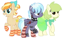 Size: 3968x2376 | Tagged: safe, artist:ayamiiii, artist:emperor-anri, derpibooru import, oc, oc:basil, oc:icy dusk, oc:melania, unofficial characters only, earth pony, pegasus, pony, derpibooru community collaboration, 2023 community collab, anklet, ballerina, bandana, base used, bracelet, choker, clothes, ear piercing, female, freckles, grin, image, jewelry, magical lesbian spawn, mare, nose piercing, offspring, parent:applejack, parent:cloudchaser, parent:coloratura, parent:thunderlane, parents:rarajack, parents:thunderchaser, piercing, png, raised hoof, scarf, simple background, smiling, socks, spiked anklet, spiked choker, spiked wristband, striped socks, tattoo, transparent background, trio, tutu, wristband