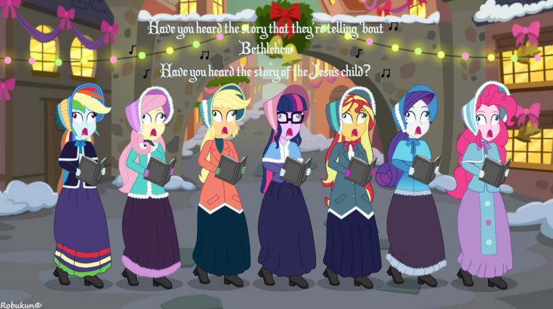 Size: 1194x669 | Tagged: safe, artist:robukun, derpibooru import, applejack, fluttershy, pinkie pie, rainbow dash, rarity, sci-twi, sunset shimmer, twilight sparkle, equestria girls, bonnet, book, caroling, clothes, d:, humane five, humane seven, humane six, image, open mouth, png, skirt, wall eyed