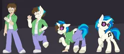 Size: 2070x900 | Tagged: safe, artist:detectivecoon, derpibooru import, vinyl scratch, oc, oc:jaker, human, pony, unicorn, clothes, female, glasses, human to pony, image, male, mare, png, ripping clothes, solo, transformation, transformation sequence, transgender transformation, unshorn fetlocks