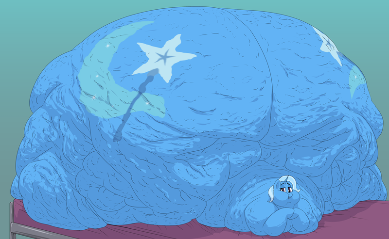 Size: 3332x2055 | Tagged: questionable, alternate version, artist:lupin quill, derpibooru import, trixie, pony, unicorn, bed, bedbound, bedroom eyes, belly, belly bed, big belly, bingo wings, blob, butt, cellulite, chubby cheeks, fat, fat fetish, female, fetish, grin, huge belly, huge butt, hyper, hyper butt, image, immobile, impossibly large belly, impossibly large butt, large butt, morbidly obese, obese, png, rolls of fat, simple background, smiling, solo, solo female, stretched cutie mark, the great and bountiful trixie