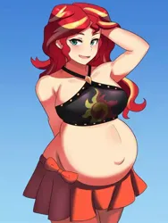 Size: 640x853 | Tagged: safe, artist:tzc, derpibooru import, sunset shimmer, human, belly, belly button, big belly, clothes, commission, female, gradient background, humanized, image, jpeg, light skin, pregnant, solo, sunset preggers, swimsuit