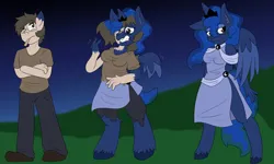 Size: 1280x768 | Tagged: safe, artist:detectivecoon, derpibooru import, princess luna, oc, alicorn, anthro, human, blushing, clothes, female, gritted teeth, human to anthro, image, jpeg, male, male to female, rule 63, teeth, transformation, transformation sequence, transforming clothes, transgender transformation