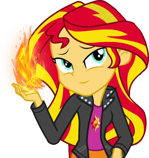 Size: 827x874 | Tagged: safe, artist:evilasio2, derpibooru import, sunset shimmer, equestria girls, clothes, female, fiery shimmer, image, jacket, png, pyromancy, shirt, simple background, solo, transparent background, vest