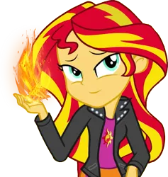 Size: 827x874 | Tagged: safe, artist:evilasio2, derpibooru import, sunset shimmer, equestria girls, clothes, female, fiery shimmer, image, jacket, png, pyromancy, shirt, simple background, solo, transparent background, vest