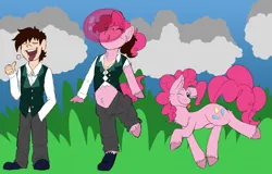 Size: 1280x820 | Tagged: safe, artist:detectivecoon, derpibooru import, pinkie pie, oc, earth pony, human, pony, ;p, female, human to pony, image, jpeg, looking at you, male, male to female, mare, one eye closed, rule 63, tongue out, transformation, transformation sequence, transgender transformation, wink, winking at you
