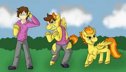 Size: 1280x734 | Tagged: safe, artist:detectivecoon, derpibooru import, spitfire, oc, human, pegasus, pony, female, glasses, grin, gritted teeth, human to pony, image, jpeg, male, male to female, mare, rule 63, smiling, teeth, transformation, transformation sequence, transgender transformation