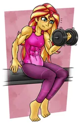 Size: 1024x1554 | Tagged: safe, artist:sandspire, derpibooru import, sunset shimmer, equestria girls, abs, dumbbell (object), female, image, jpeg, muscles, muscular female, solo, sunset lifter, sweat, weight lifting, weights