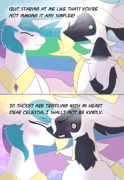 Size: 1100x1600 | Tagged: safe, artist:featherystorm, derpibooru import, princess celestia, alicorn, arceus, pony, blushing, crossover, crossover shipping, eyes closed, image, mythical pokémon, nuzzling, png, pokémon, shipping