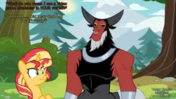 Size: 1192x670 | Tagged: safe, artist:andoanimalia, artist:luckreza8, derpibooru import, edit, editor:voiceactorbobbyg25, lord tirek, sunset shimmer, centaur, pony, taur, unicorn, duo, female, image, implied equestria girls, jpeg, male, mare, tirek is not amused, unamused