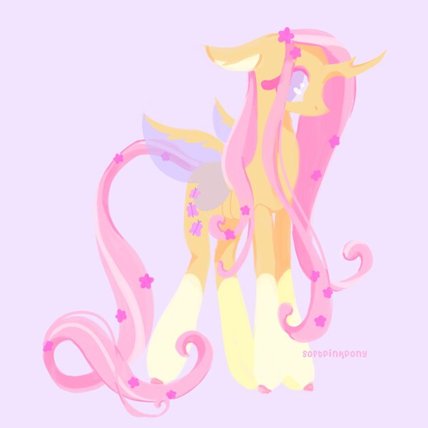 Size: 4000x4000 | Tagged: safe, artist:softpinkpony, derpibooru import, fluttershy, changedling, changeling, original species, absurd resolution, alternate design, changedlingified, changelingified, female, floppy ears, flower, flower in hair, flutterling, image, jpeg, purple background, redesign, simple background, solo, species swap