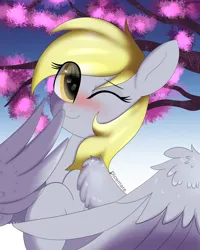 Size: 3200x4000 | Tagged: safe, artist:dicemarensfw, derpibooru import, derpy hooves, blushing, closed eye, cute, derpabetes, image, png, pretty, sweet, tree, weapons-grade cute