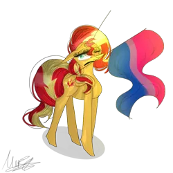 Size: 1280x1280 | Tagged: safe, artist:marzistudios, derpibooru import, sunset shimmer, pony, unicorn, bisexual pride flag, female, flag, image, mouth hold, png, pride, pride flag, simple background, solo, transparent background