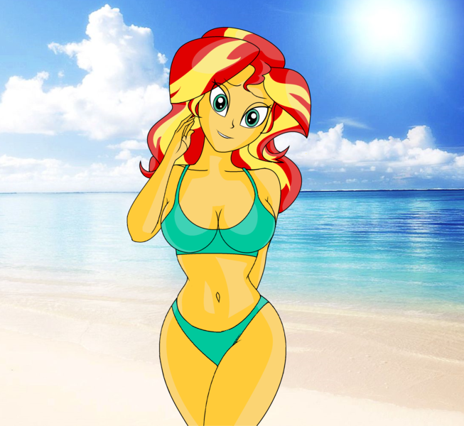Size: 3448x3168 | Tagged: safe, artist:aboimages03, derpibooru import, sunset shimmer, equestria girls, beach, belly button, bikini, breasts, busty sunset shimmer, cleavage, clothes, female, image, ocean, png, solo, swimsuit, water