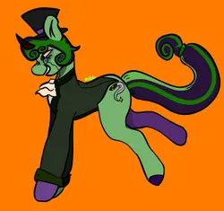 Size: 1304x1226 | Tagged: safe, alternate version, artist:mdq, derpibooru import, oc, unofficial characters only, pony, unicorn, clothes, colored hooves, grin, hat, hooves, image, monochrome, orange background, png, simple background, smiling, solo, tail, top hat