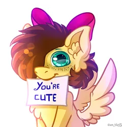 Size: 1992x2056 | Tagged: safe, artist:yuris, derpibooru import, oc, oc:yuris, pegasus, pony, big eyes, bow, cute, ears up, foal, freckles, image, png, poster, simple background, smiling, solo, spread wings, white background, wings