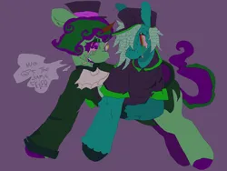 Size: 1425x1073 | Tagged: safe, artist:maggot, derpibooru import, oc, oc:gingerly, oc:menthol virtue, unofficial characters only, earth pony, pony, unicorn, clothes, crying, dialogue, drugs, duo, hat, hooves, image, js paint, lidded eyes, looking at each other, looking at someone, male, marijuana, png, purple background, simple background, speech bubble, stallion, stoner, sweat, top hat, unshorn fetlocks