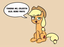 Size: 1084x796 | Tagged: safe, artist:makaryo, derpibooru import, applejack, earth pony, pony, beige background, dialogue, female, filipino, image, jpeg, looking at you, mare, simple background, sitting, solo, speech bubble, talking to viewer, vulgar