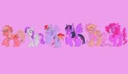 Size: 1080x629 | Tagged: safe, artist:slugtrain, derpibooru import, applejack, fluttershy, pinkie pie, rainbow dash, rarity, twilight sparkle, twilight sparkle (alicorn), alicorn, earth pony, pegasus, pony, unicorn, female, floating wings, folded wings, g4, image, jpeg, looking back, mane six, mare, marker drawing, open mouth, open smile, pink background, raised hoof, rearing, shy, simple background, smiling, spread wings, traditional art, wings