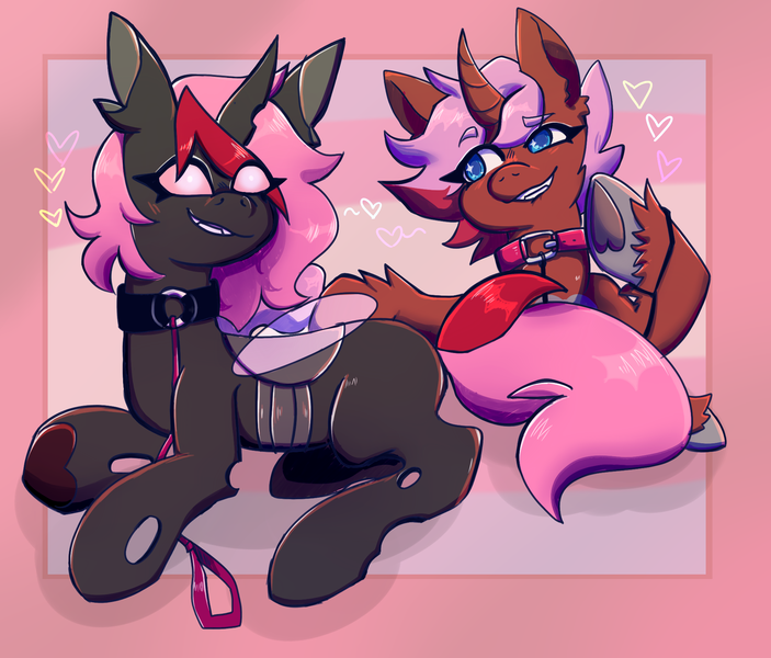 Size: 2000x1707 | Tagged: suggestive, artist:goblinkimg, derpibooru import, oc, oc:heartstring fiddler, unofficial characters only, changeling, unicorn, changeling oc, collar, heart, hoof heart, horn, image, leash, pink backgr, pink changeling, png, simple background, underhoof, unicorn oc