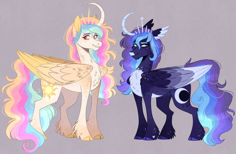 Size: 1280x838 | Tagged: safe, artist:wanderingpegasus, derpibooru import, princess celestia, princess luna, alicorn, pony, female, image, jpeg, redesign, royal sisters, siblings, sisters