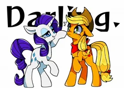 Size: 1748x1250 | Tagged: safe, artist:stacy_165cut, derpibooru import, applejack, rarity, earth pony, pony, unicorn, darling, female, image, jpeg, lesbian, raised hoof, rarijack, shipping, simple background, smiling, text, white background