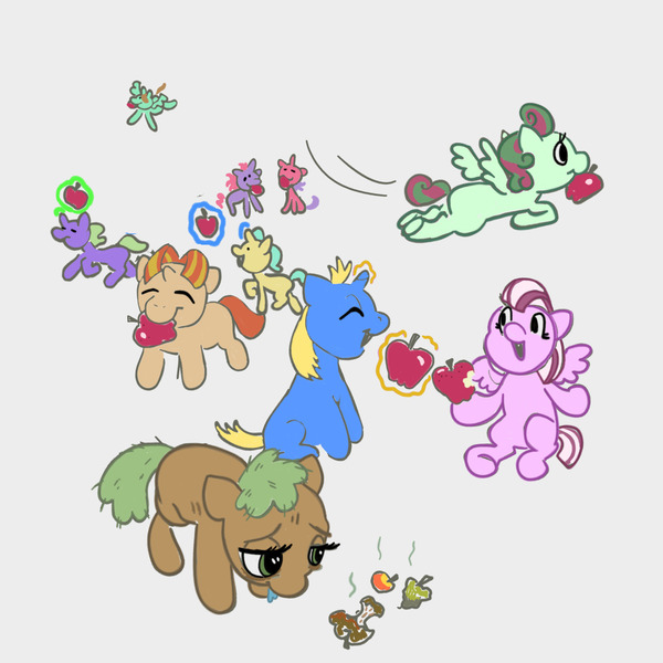 Size: 2800x2800 | Tagged: safe, artist:thunderpibb, derpibooru import, earth pony, pegasus, pony, unicorn, apple, apple core, cafeteria, colt, dot eyes, drool, eating, eyes closed, female, filly, flying, foal, food, glow, glowing horn, group, happy, horn, image, jpeg, levitation, magic, male, mouth hold, open mouth, open smile, rotten apple, rotten food, sad, simple background, sitting, smiling, stink lines, telekinesis, underhoof, white background