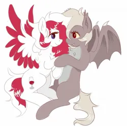 Size: 1417x1417 | Tagged: safe, artist:gold rain, derpibooru import, oc, oc:gold rain, oc:red wine, bat pony, pegasus, pony, bat pony oc, bat wings, colored wings, digital art, duo, duo female, female, image, jpeg, pegasus oc, simple background, tail, two toned mane, two toned tail, two toned wings, white background, wings